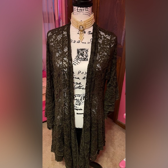 Olive green 1x Pyramid Collection lace jacket - Picture 2 of 7